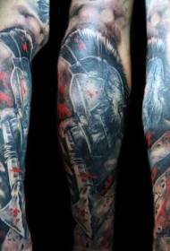 Arm colored bloody Spartan king tattoo pattern