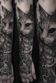 realistic black cat with old house arm tattoo pattern