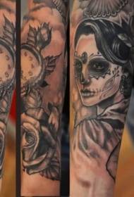 Arm mexican traditional woman portrait and clock tattoo picture