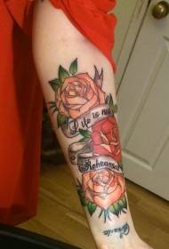 Arm colored beautiful roses and inscription tattoo pattern