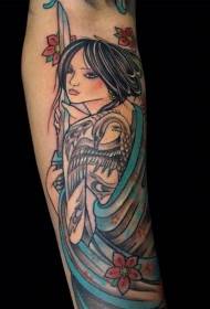 Old school arm multicolored beautiful asian geisha tattoo pattern