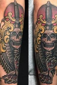 Arm strange combination color skeleton with sand clock tattoo