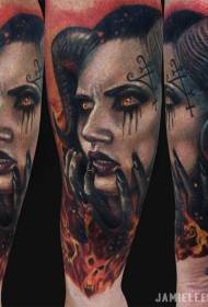 Arm new traditional style colored woman with flame tattoo