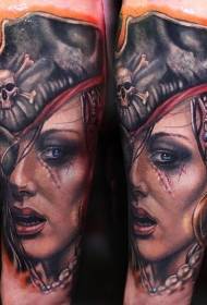 Arm color realistic female pirate portrait tattoo pattern
