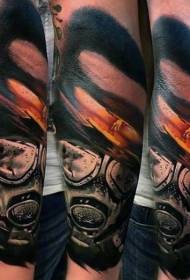 Arm realistic color nuclear explosion and gas mask tattoo