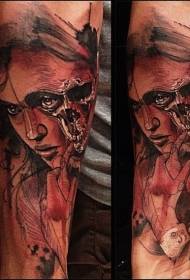 Farverig kvindeskalle-tatovering i surrealistisk stil