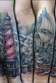 Arm realistic style colorful sailboat and lighthouse tattoo