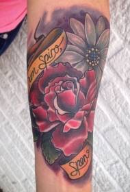 arm old school colored beautiful flowers and letter tattoo pattern