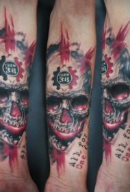Patrón de tatuaje de cráneo humano colorido en estilo de ilustración de brazo