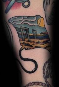 Patrón de tatuaje de costa y sol de color de brazo