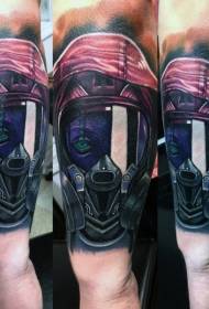 Colorful female mask tattoo in arm modern traditional style
