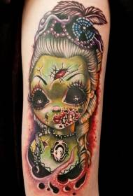 Patrón de tatuaxe de boneca de zombies con estilo moderno en cor brazo