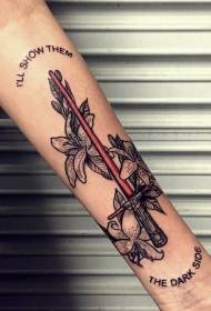 Arm sith lightsaber with flowers tattoo pattern