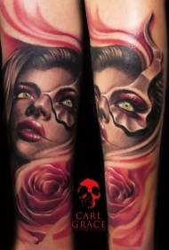 Arm color realistic women's mask and rose tattoo