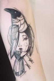 schizzo stile linea nera femmina con disegno del tatuaggio Raven
