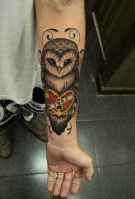arm owl and heart-shaped lock tattoo pattern