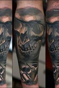 Arm realistic new style human skull with pistol tattoo pattern