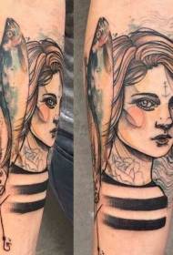 Beso zirriborro estiloko emakume koloretsua arrain tatuaje ereduarekin