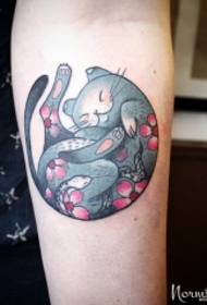 小臂小清新可爱猫花卉纹身图案