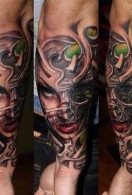 Arm new school style color demon female skull tattoo