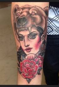 Arm old school colored beautiful woman with rose and bear helmet tattoo pattern