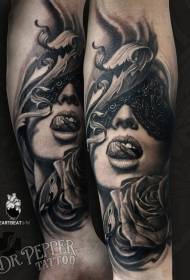 arm black and white female mask and rose tattoo pattern