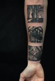 patró de tatuatge de geometria de casa de línia negra de braç