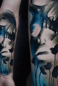 Braccio teschio umano colorato nuovo stile con motivo a tatuaggio floreale