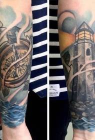 Arm color lighthouse and compass tattoo pattern