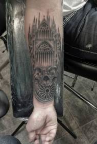 arm black gray style old church with skull tattoo pattern