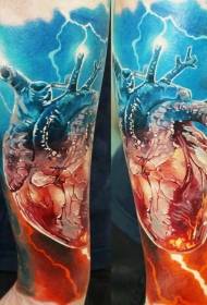 Colorful human heart and lightning tattoo in arm realistic style