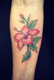 Female arm colored hibiscus tattoo pattern