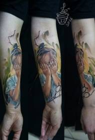 Arm color crying little girl tattoo pattern