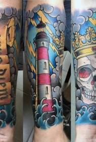 Arm new school style colorful skull with lighthouse tattoo