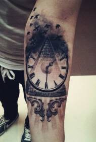 Arm black grey clock and pyramid cloud tattoo pattern