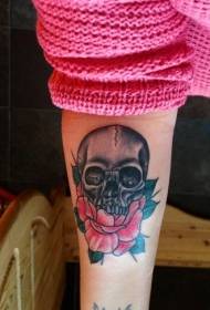 Arm colored skull with pink rose tattoo pattern