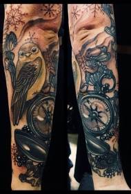 small arm color bird with compass tattoo pattern