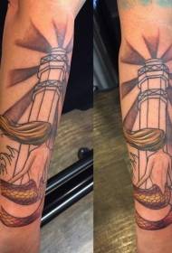 Arm simple painted mermaid with big lighthouse tattoo