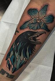 Arm new school crow flower tattoo pattern