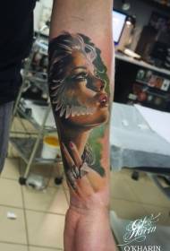 small arm beautiful color woman portrait with wings tattoo pattern