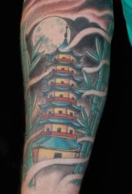 Kyçin e këmbës stil vizatimor aziatik me ngjyra misterioze modeli tatuazh i tempullit bambu
