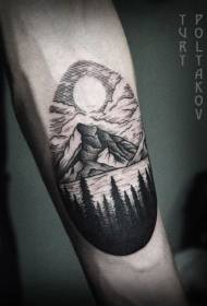 Arm pelēks kalnu ezers un meža tetovējums modelis