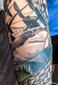 Male arm color sailboat tattoo pattern