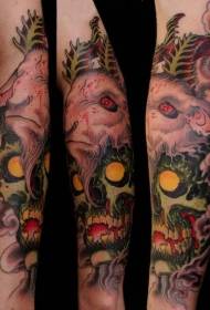 Arm new school style color demon skull tattoo pattern