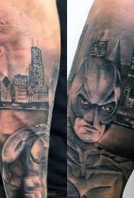Arm illustration style of Batman with night city tattoo