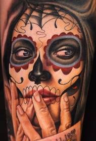 Arm Mexican style colorful woman portrait tattoo