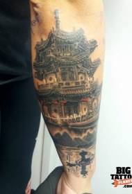 Small arm beautiful colored ancient asian temple tattoo pattern