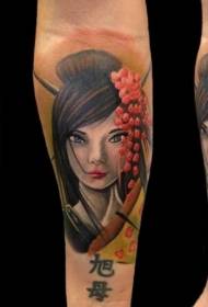 Arm new japanese traditional woman portrait and text tattoo