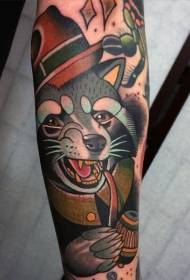 Arm new traditional style colored smoking pipe raccoon tattoo