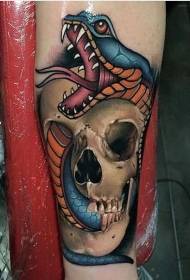 Arm new traditional style colored human skull with snake tattoo